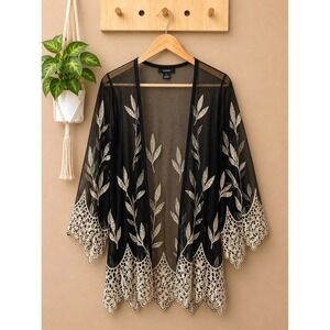 Alfani Womens Black Mesh Kimono Cardigan Gold Metallic Leaf Embroidery Lace L
